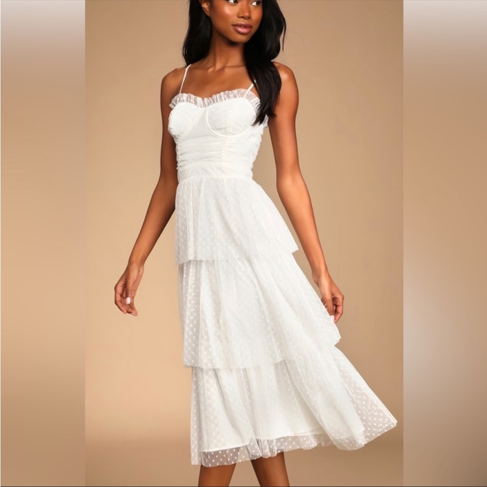 Sweetheart Style White Polka Dot Bustier Tiered Midi Dress